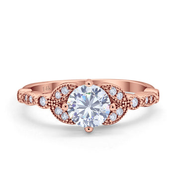14K Rose Gold Art Deco Wedding Ring Bridal Round Simulated Cubic Zirconia
